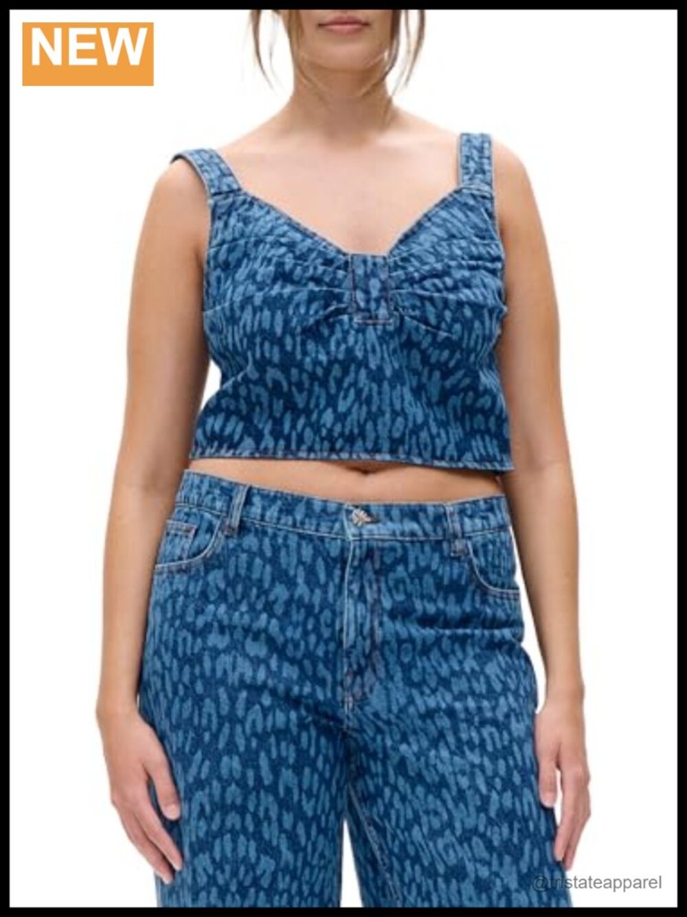 Cropped Denim Top Adjustable Straps Smocked Back Zip Closure